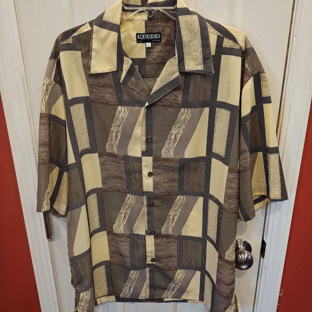 Mench Platinum Shirt Mens L Brown Geometric Button Up Italy Short Sleeve Casual